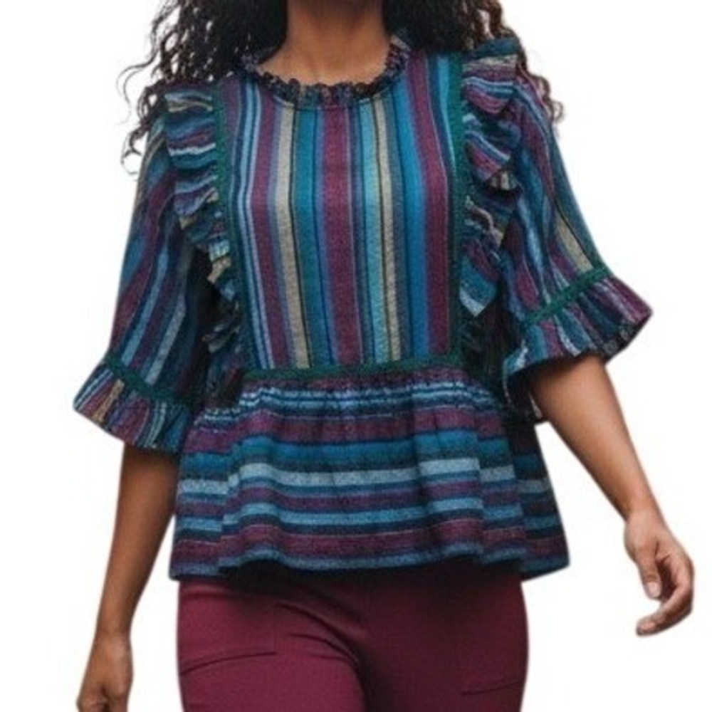 ANTHROPOLOGIE DRA LA Tabi Laurel Striped Ruffle Peplum Hem Blouse‎ NWOT M